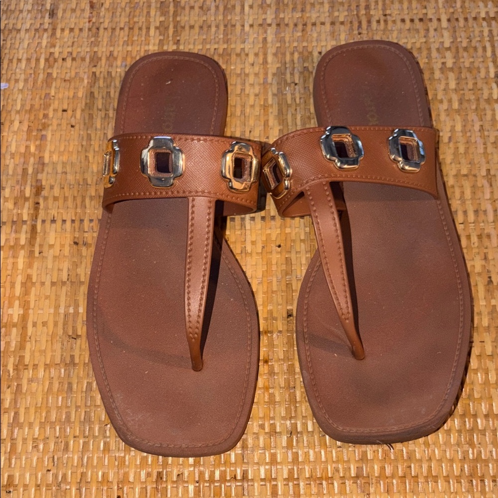 Larroude Tan Sandals with Silver Buckles